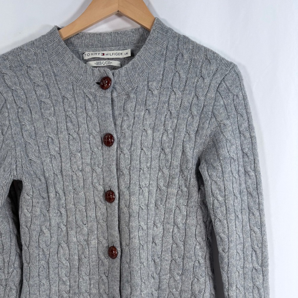 Tommy Hilfiger Cardigan Gray Vintage Wool Blend Cable Knit Leather Buttons L (M)